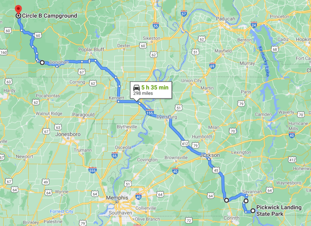 Day 2 route map - Pickwick Landing State Park, TN to Circle B campground - Eminence, MO