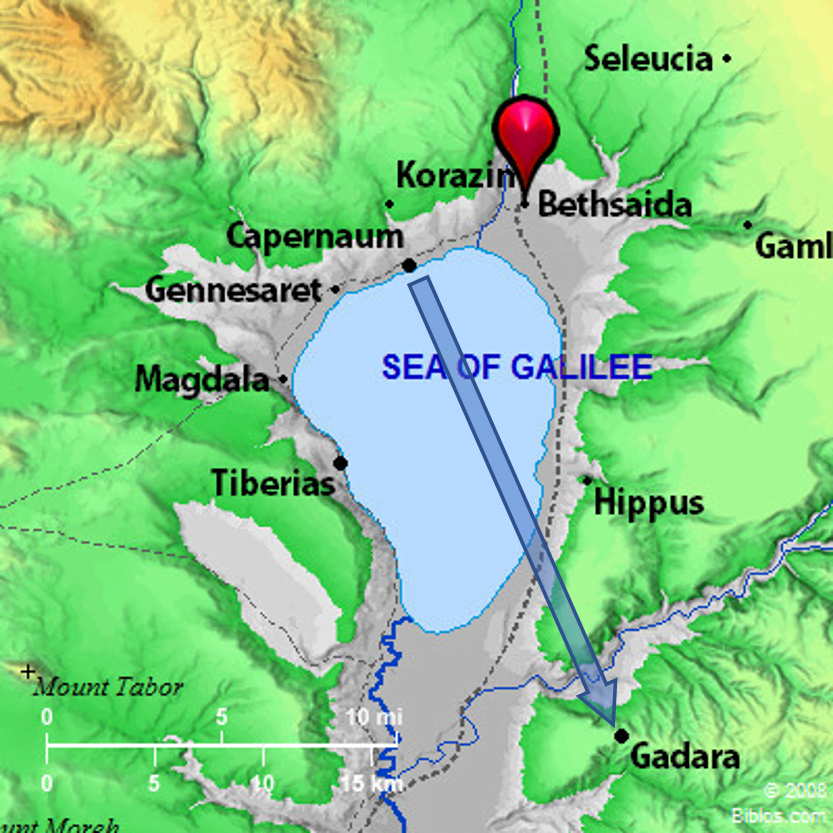 Map of the Sea of Galilee showing the way from Capernaum to Gadera